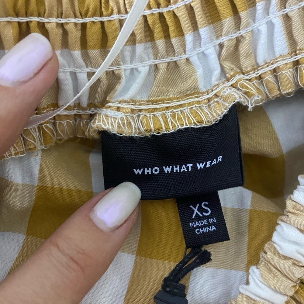 Who What Wear Cotton One Shoulder Cut Out Mustard Yellow Gingham Dress — image 8 of 8